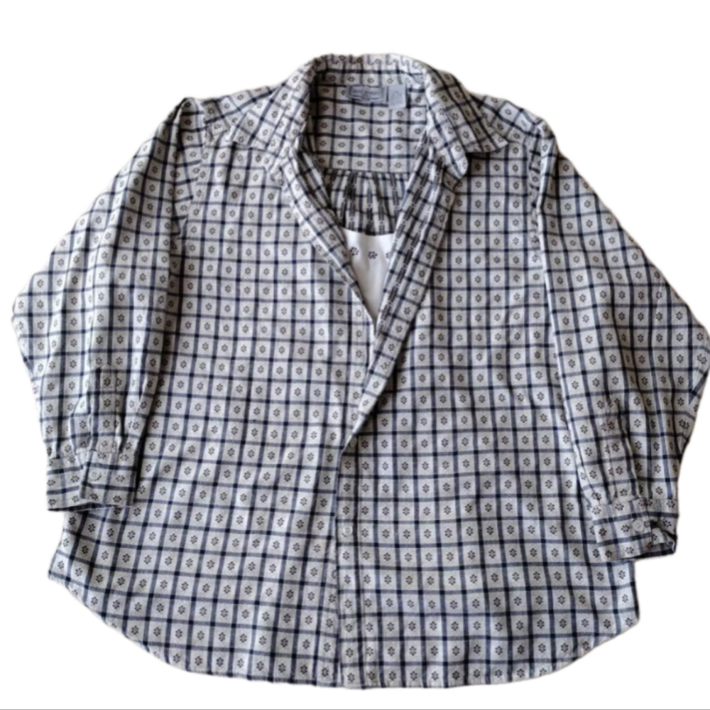 Jane Ashley Button Up Shirt Women 2X Blue and White Plaid Shirt Floral check